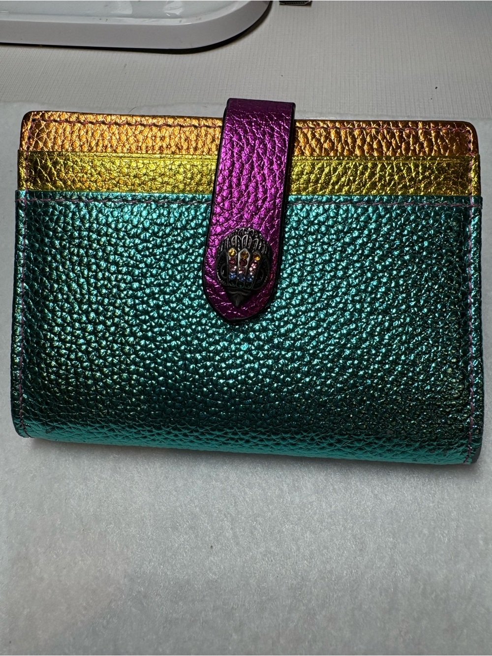 Kurt Geiger Metallic Teal Wallet with Gold, Yellow and Purple Accents